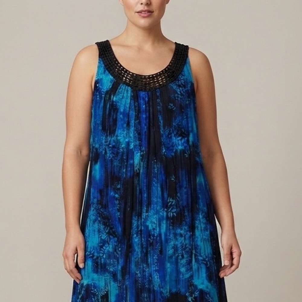 Catherines‎ Sleeveless Dress Womens 1X Blue Tie Dye Crochet Trim Boho Tiered